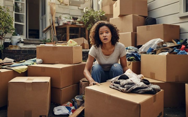 A distressed woman cleaning up boxes of household clutter